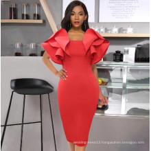 Red Bodycon Elegant Slim African Ruffles Party Women Prom Dress